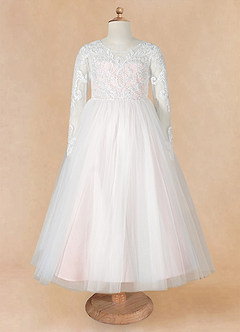 Azazie Elodie Flower Girl Dresses Ivory Blushing Pink Ball-Gown Lace Dress image10