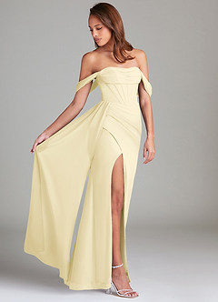 Azazie Amyra Bridesmaid Dresses Lemon Sorbet Sheath Off the Shoulder Chiffon Convertible Dress image2
