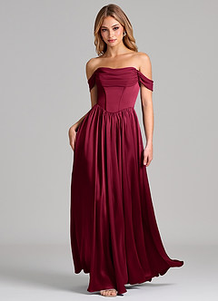 Azazie Raisa Bridesmaid Dresses Burgundy A-Line Off the Shoulder Stretch Satin Dress image3