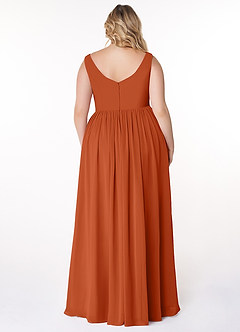 Azazie Keyla Robes de demoiselle d'honneur Robe Trapèze en Mousseline de soie Col V plissé Orange Brûlée image2
