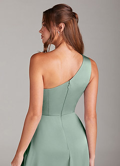 Azazie Brooke Bridesmaid Dresses Agave A-Line One Shoulder Stretch Satin Dress image3