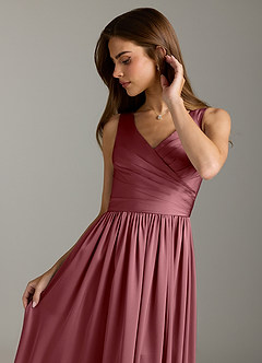 Azazie Keyla Robes de demoiselle d'honneur Robe Trapèze en Satin extensible Plissée Rose Du Désert image8
