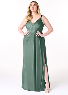 Azazie Aqua Bridesmaid Dresses Eucalyptus A-Line V-Neck Pleated Stretch Satin Dress image8