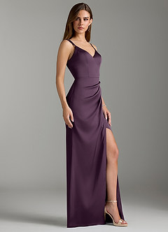 Azazie Leo Bridesmaid Dresses Plum Sheath Pleated Stretch Satin Dress image3