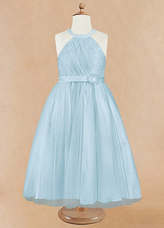 Azazie Honey Flower Girl Dresses Sky Blue A-Line Beaded Matte Satin Dress image7
