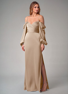 Azazie Sonata Bridesmaid Dresses Taupe Sheath Long Sleeve Stretch Satin Convertible Dress image7