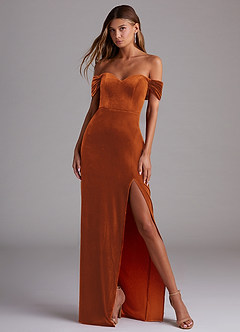 Azazie Shay Bridesmaid Dresses Burnt Orange Sheath Off the Shoulder Velvet Convertible Dress image4