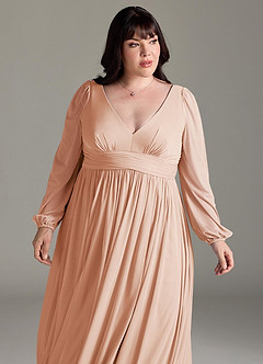 Azazie Norah Bridesmaid Dresses English Rose A-Line V-Neck Long Sleeve Chiffon Dress image12