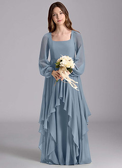 Azazie Clara Junior Jurk van Chiffon met A-Lijn Blouson Stoffig Blauw image7