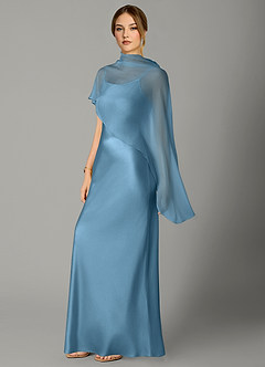 Azazie Jaleesa Robes de demoiselle d'honneur Robe Trapèze en Satin extensible Col Haut Acier Bleuté image4