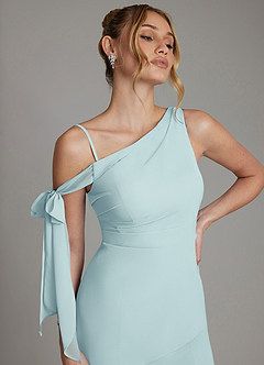 Azazie Aylin Bridesmaid Dresses Sea Glass Sheath Off the Shoulder Chiffon Dress image3