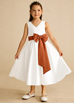 Azazie Darling Flower Girl Dresses Ivory Burnt Orange A-Line Bow Cotton Dress image2