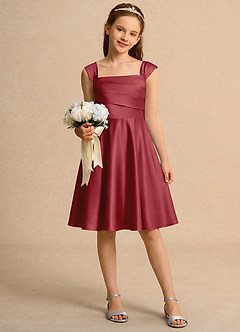 Azazie Budle Girls Formal Flower Girl Dresses Pomegranate A-Line Pleated Matte Satin Dress image1