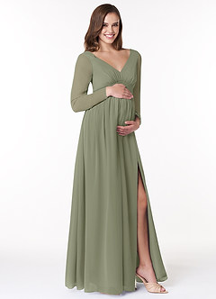 Azazie Teton Zwangerschaps Bruidsmeisjekleding A-Lijn Lange mouw Chiffon Vloerlengte Jurk image5