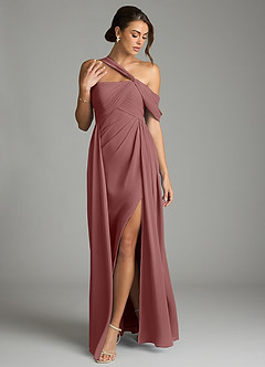 Azazie Kassandra 신부 들러리 드레스 A라인 오프 더 숄더 쉬폰 바닥 길이 드레스 image3