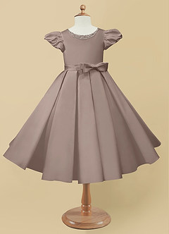 Azazie Jewel Flower Girl Dresses Taupe Ball-Gown Pleated Matte Satin Dress image4