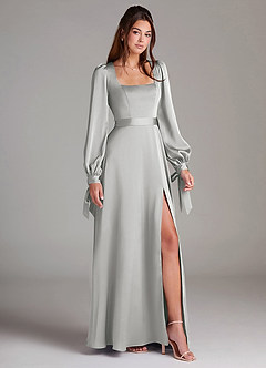 Azazie Leonia Bridesmaid Dresses Silver A-Line Long Sleeve Stretch Satin Dress image3