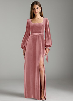 Azazie Leonia Bridesmaid Dresses Dusty Rose A-Line Long Sleeve Velvet Dress image1
