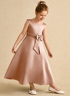 Azazie Eve Abiti da Ragazza di Fiori Abito A-Line in Raso Opaco Plissettato Champagne Rosa image3