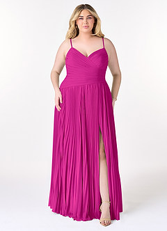 Azazie Vini Vestidos de damas de honor Vestido de Fucsia de Gasa de Corte en A con Cuello en V Plisado image6