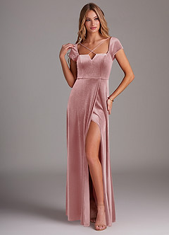 Azazie Gabi Vente Finale Robe Trapèze en velours Fente Latérale Rose Poussiéreuse image4