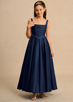 Azazie Mochi Girl Jurken voor bloemenmeisjes Baljurk Jurk van Mat Satijn Geplooid Donkere Marine image5