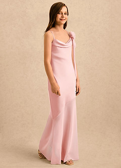 Azazie Kai Girls Formal Robe Demoiselle D'honneur Fillette Robe Fourreau en Satin extensible Plissée Rose Poudré image4