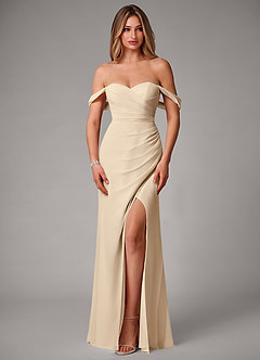 Azazie Haisley Bridesmaid Dresses Champagne Sheath Off the Shoulder Chiffon Convertible Dress image4
