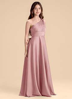 Azazie Charlize Junior Vestido de Rosa Polvorienta de Satén Elástico de Corte en A con Plisado image3