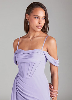 Azazie Amyra Bridesmaid Dresses Lilac Sheath Off the Shoulder Chiffon Convertible Dress image7