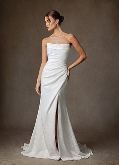 Azazie Tilly Wedding Dresses Diamond White Sheath Off the Shoulder Floral Jacquard Dress image10