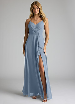 Azazie Akita Robes de demoiselle d'honneur Robe Trapèze en Mousseline de soie Bleu Poussiéreux image1