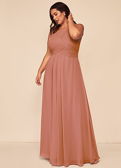 Azazie Ginger Vestidos de damas de honor Vestido de Mai Tai de Gasa de Corte en A con Halter Plisado image12