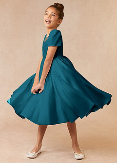 Azazie Anirra Flower Girl Dresses Ink Blue Ball-Gown Pleated Matte Satin Dress image2