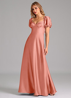 Azazie Fatima Bridesmaid Dresses Coral A-Line Pleated Stretch Satin Dress image4