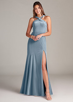 Azazie Rue Robes de demoiselle d'honneur Robe Trapèze en velours Plissée Bleu Poussiéreux image1