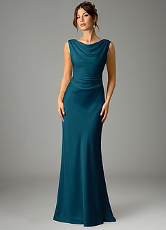 Azazie Kieryn Vestidos de damas de honor Vestido de Azul Tinta de Satén Elástico de Corte Sirena con Plisado image1