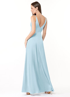 Azazie Dalilah Robes de demoiselle d'honneur Robe Trapèze en Satin extensible Col V plissé Bleu Ciel image2
