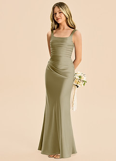Azazie Agustina Junior Moss Green Sheath Pleated Stretch Satin Dress image1