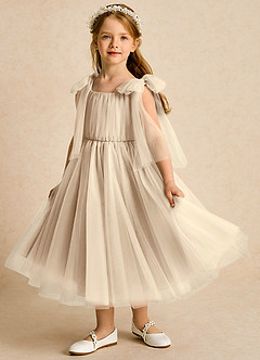 Azazie Dori Robe Demoiselle D'honneur Fillette Robe Trapèze en Tulle Rayé Champagne image5