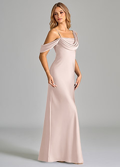 Azazie Celina Bridesmaid Dresses Blushing Pink Sheath Off the Shoulder Stretch Satin Dress image2