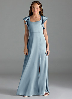Azazie Bondi Junior Dusty Blue A-Line Side Slit Stretch Satin Dress image1