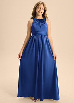 Azazie Jaylah Junior Abito A-Line in Raso Elasticizzato Plissettato Blu Reale image6