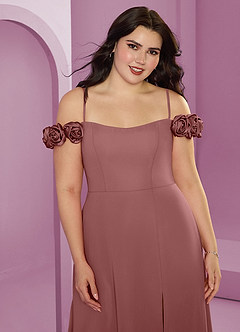 Barbie ♥ Azazie Suknie dla druhen Rozkloszowana szyfonowa sukienka z odkrytymi ramionami i kwiatowymi rozetkami image13