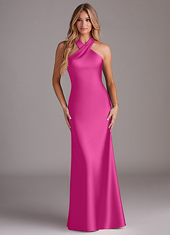 Azazie Doretta Robes de demoiselle d'honneur Robe Sirène en Satin extensible Plissée Fuchsia image1
