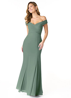 Azazie Lecia Bridesmaid Dresses Eucalyptus Empire Off-The-Shoulder Pleated Chiffon Convertible Dress image1