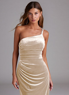 Azazie Eren Final Sale Champagne Sheath One Shoulder Velvet Dress image6
