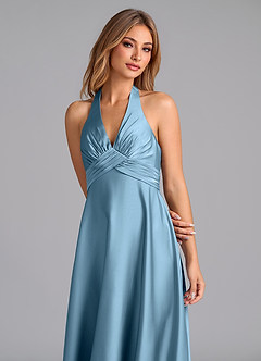 Azazie Tessie Bridesmaid Dresses Steel Blue A-Line Pleated Stretch Satin Dress image6