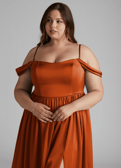 Azazie Morana Jurken voor bruidsmeisjes Converteerbaar Jurk van Stretch Satijn met A-Lijn Off the Shoulder Verbrande Sinaasappel image15