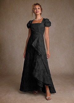 Azazie Hermina Black Jacquard A-Line Pleated Floral Jacquard Dress